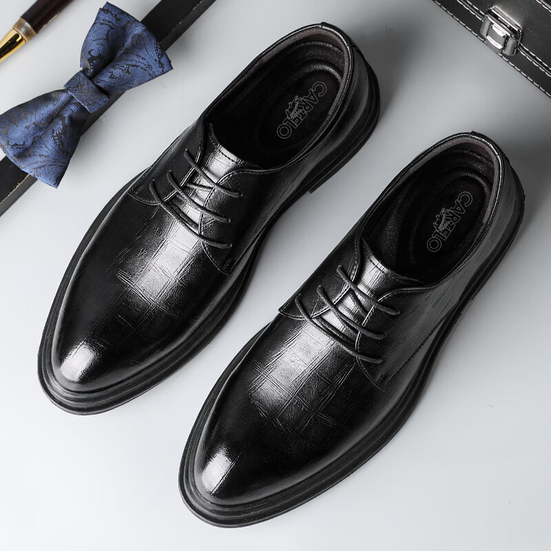 CARTELO Business Men's Leather Shoes, Vintage Distressed Plaid Formal Shoes, Low...