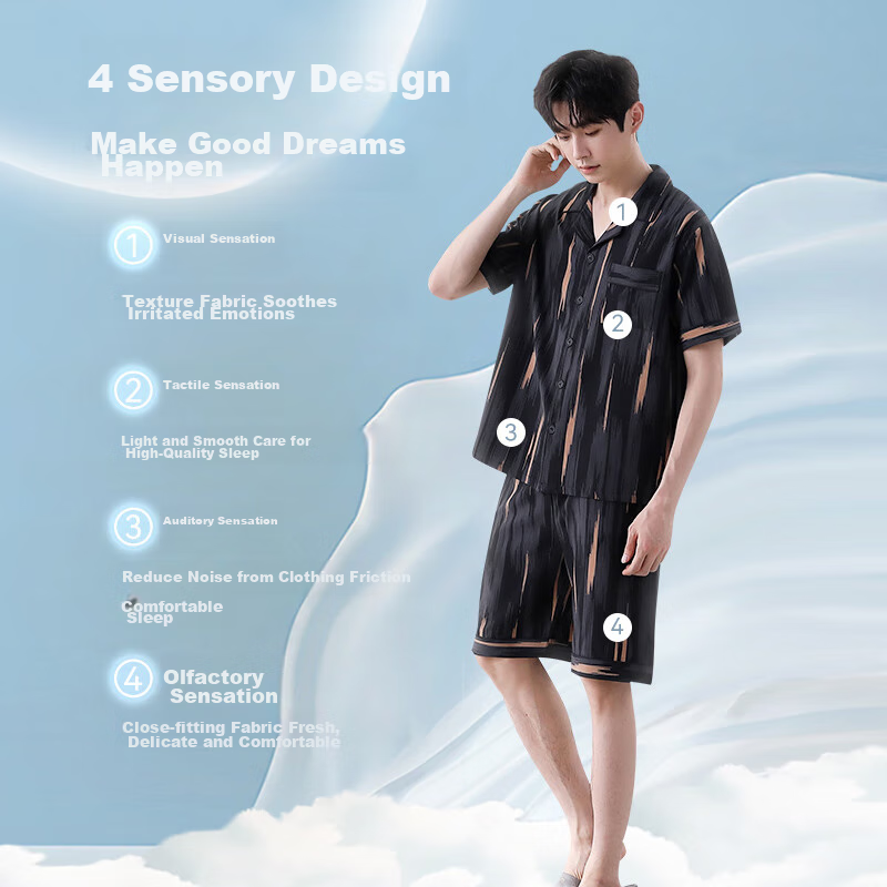 Langsha Ice Silk Pajamas for Men, Cool-Feeling Summer Short-Sleeve Shorts Set, L...