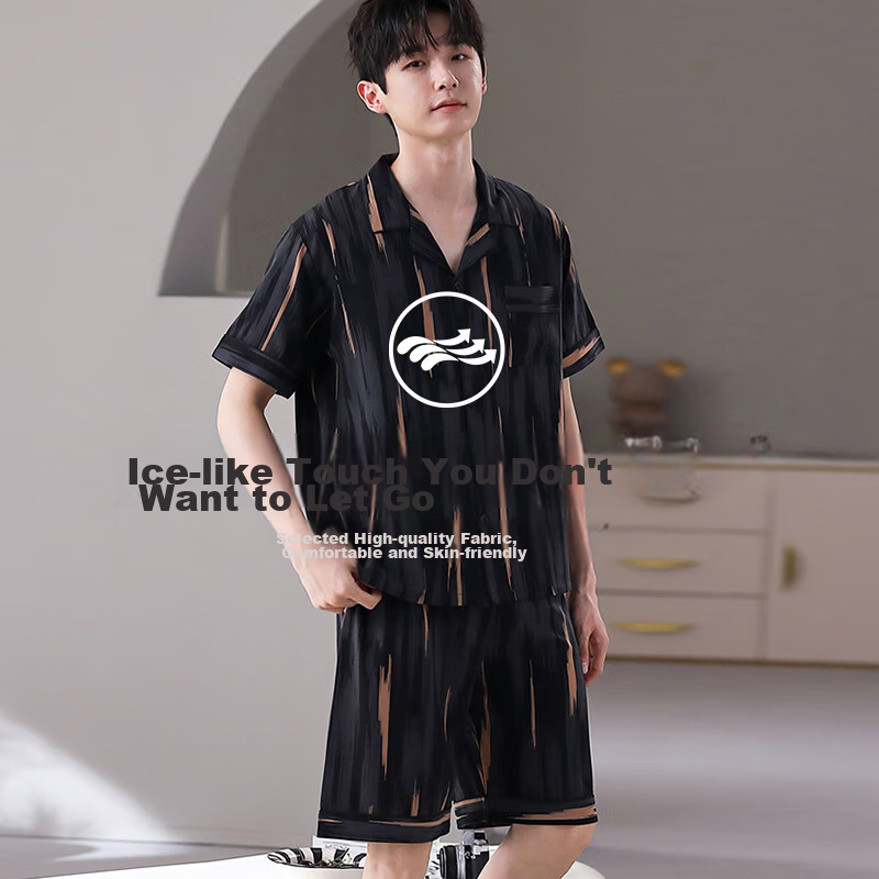 Langsha Ice Silk Pajamas for Men, Cool-Feeling Summer Short-Sleeve Shorts Set, L...