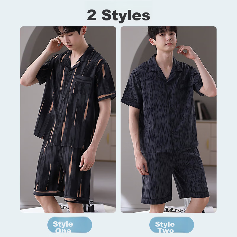 Langsha Ice Silk Pajamas for Men, Cool-Feeling Summer Short-Sleeve Shorts Set, L...