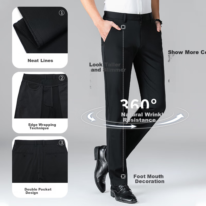 ROMON High Elasticity Ice Silk Casual Pants Men's Business Slim Straight Long Pa...