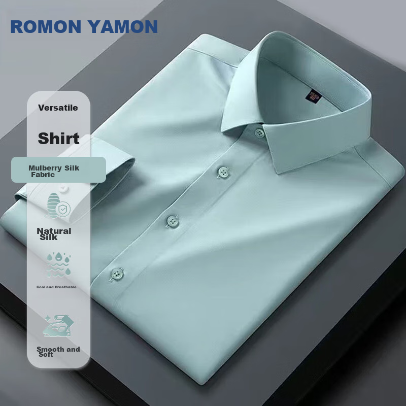 ROMON [Mulberry Silk Non-Iron] Long-Sleeve Shirt, Men's White Dress Shirt, Slim...
