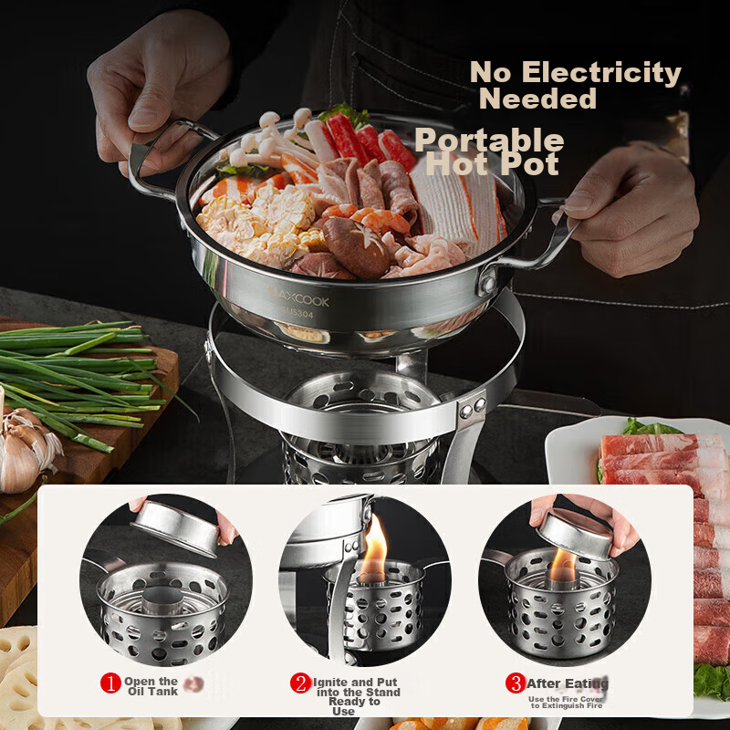 Meichun (Maxcook) 304 Stainless Steel Hot Pot, Alcohol Stove Small Hot Pot Dry P...