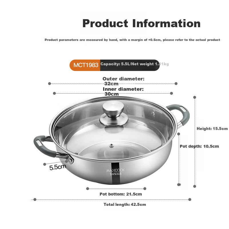 Maxcook 316 Stainless Steel Hot Pot 32cm Soup Pot Hot Pot with Lid Gas Electric...