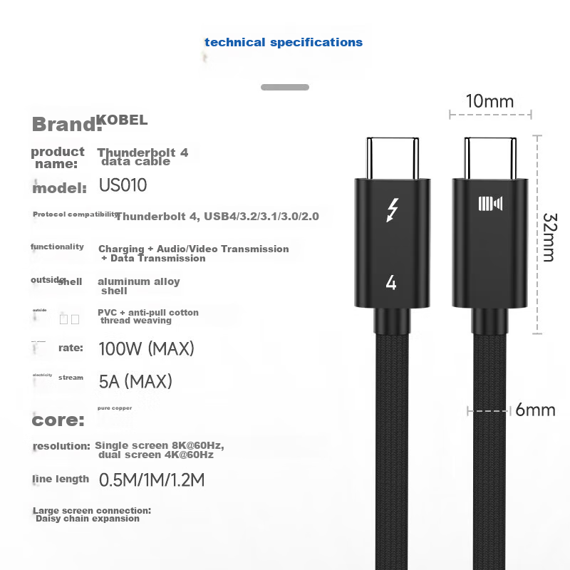 Kaibor Thunderbolt 4 Full-Function Data Cable, Type-C Cable, USB4 Cable, Compati...