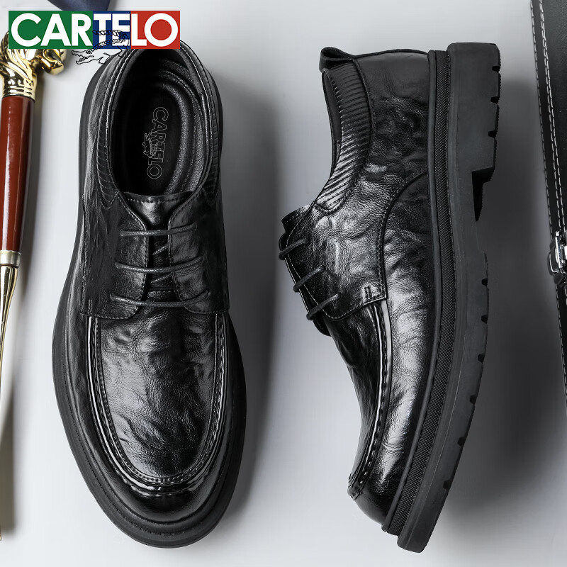 CARTELO Men's Handmade Leather Shoes Low-top Thick-soled Business Soft Cowhide M...