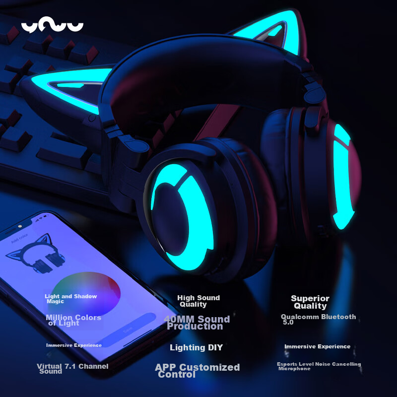 YOWU Cat Ear Headphones 3G, Wireless Bluetooth 5.0, Gaming Headset for PUBG, Cut...