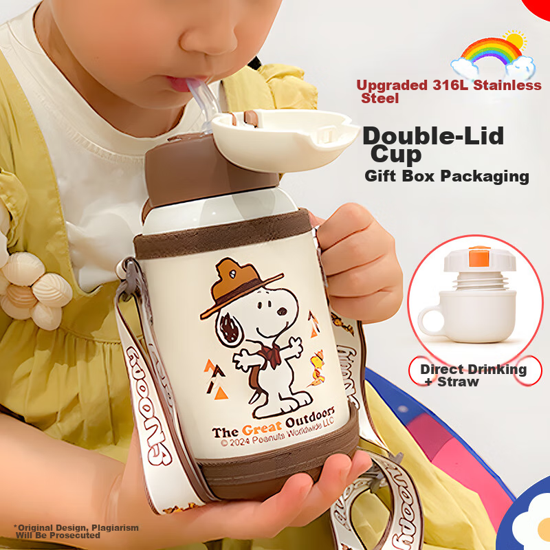 Snoopy Children's Insulated Cup with Straw, Dual-Use for Drinking And Pouring, S...