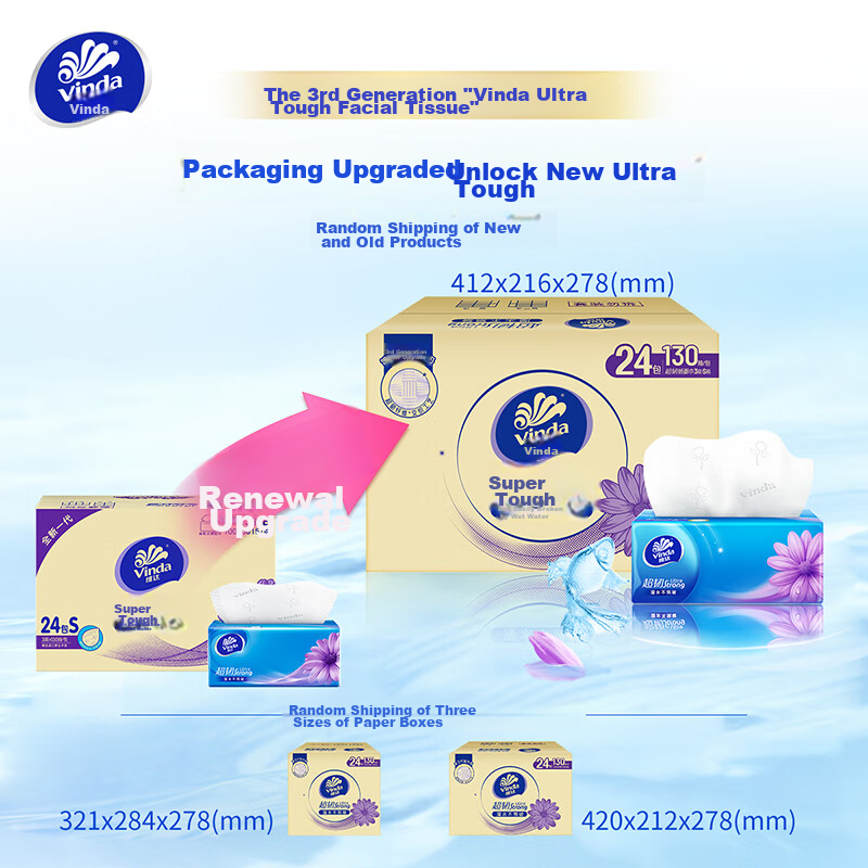 Vinda Facial Tissues, Extra Strong 3-Ply 130 Sheets*24 Packs S Size, Water-Resis...