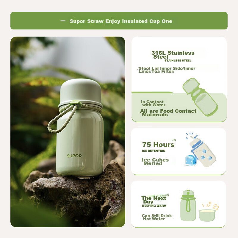 Supor 316L Stainless Steel Straw Insulated Tumbler, Stylish Portable Water Bottl...