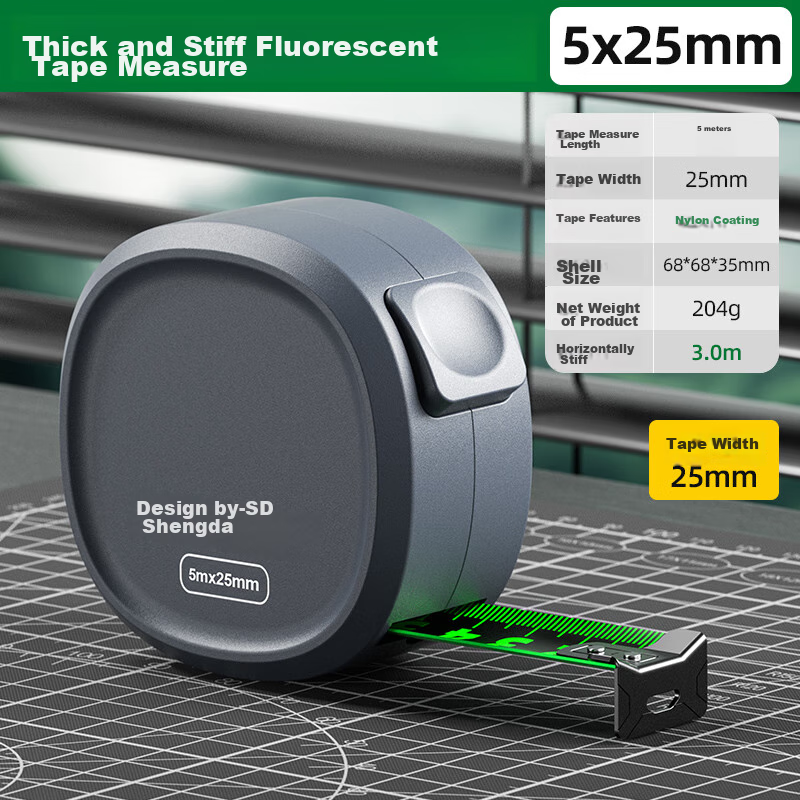 Shengda Fluorescent Self-Locking Steel Tape Measure, Carpenter's Ruler, Box Rule...