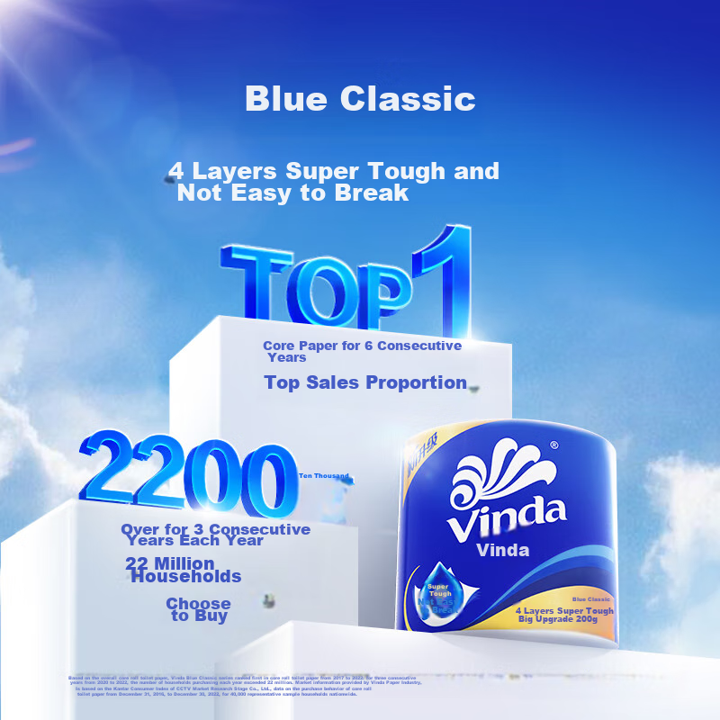 Vinda Core Roll Toilet Paper, Blue Classic 4-Ply 200g*10 Rolls, Thick And Strong...