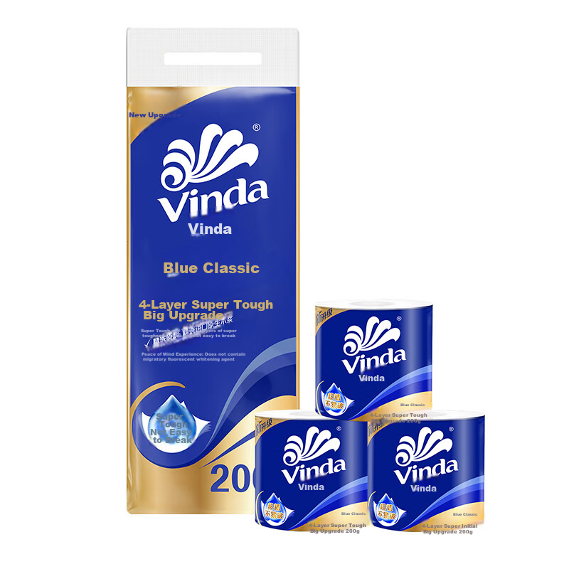 Vinda Core Roll Toilet Paper, Blue Classic 4-Ply 200g*10 Rolls, Thick And Strong...