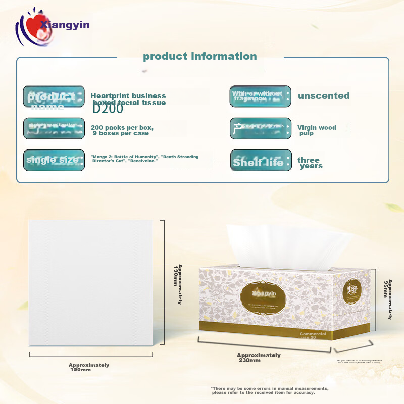 Xinxiangyin Boxed Facial Tissues, 2-Ply, 200 Sheets*9 Boxes, Napkins, Long-Handl...