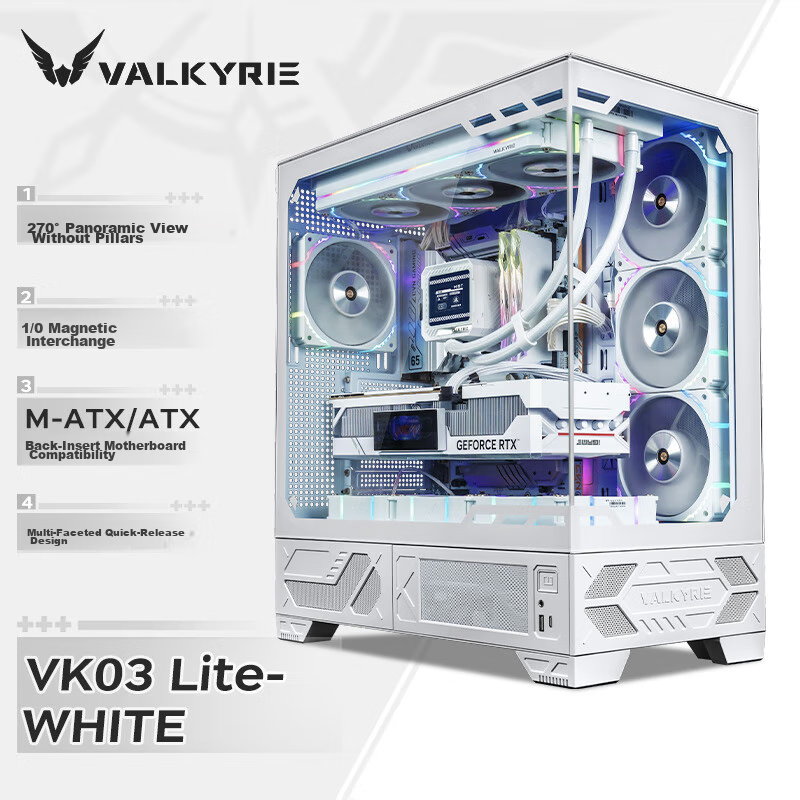 Valkyrie VK03 LITE WHITE, White, ATX Gaming Desktop Case, Supports 360mm Water C...