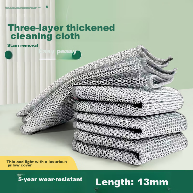 One Set of 3-Layer Thickened Large Steel Wire Cleaning Cloths, Non-Stick Oil, Ki...