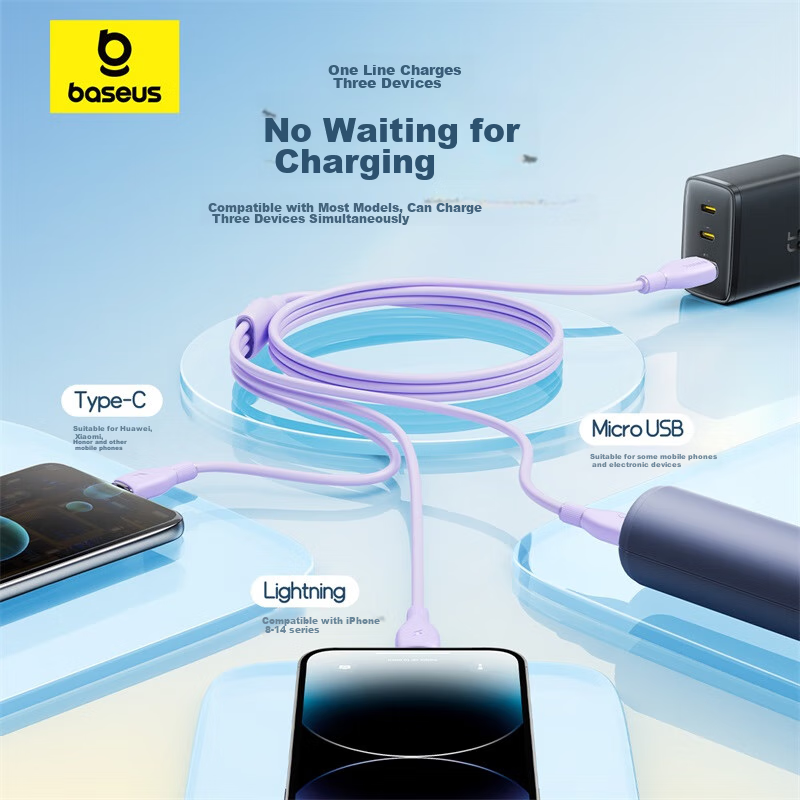 Baseus 3-In Charging Cable, 3.5A Data Cable, Multi-Function Apple 16/15 Type-C A...