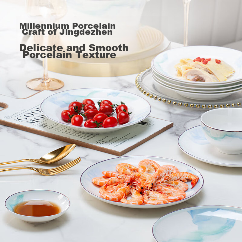 Jingzao, Complete Set of Bowls, Plates And Tableware, Housewarming Porcelain Din...