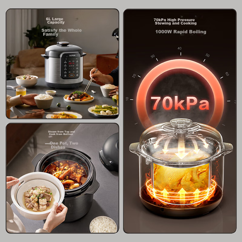 SUPOR [National Subsidy] Electric Pressure Cooker 6L Dual Inner Pot with Steamer...