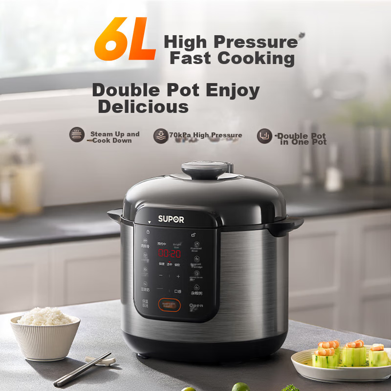 SUPOR [National Subsidy] Electric Pressure Cooker 6L Dual Inner Pot with Steamer...