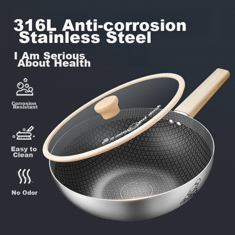 Chuidahuang 316 Stainless Steel Wok 30cm Non-Stick Flat Bottom Frying Pan Compat...