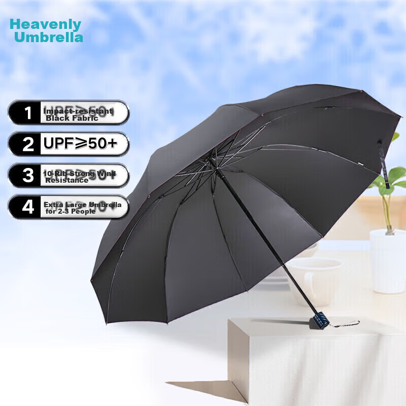 Paradise Double-Person Umbrella, Three-Fold, 10-Rib Extra-Large Reinforced Black...