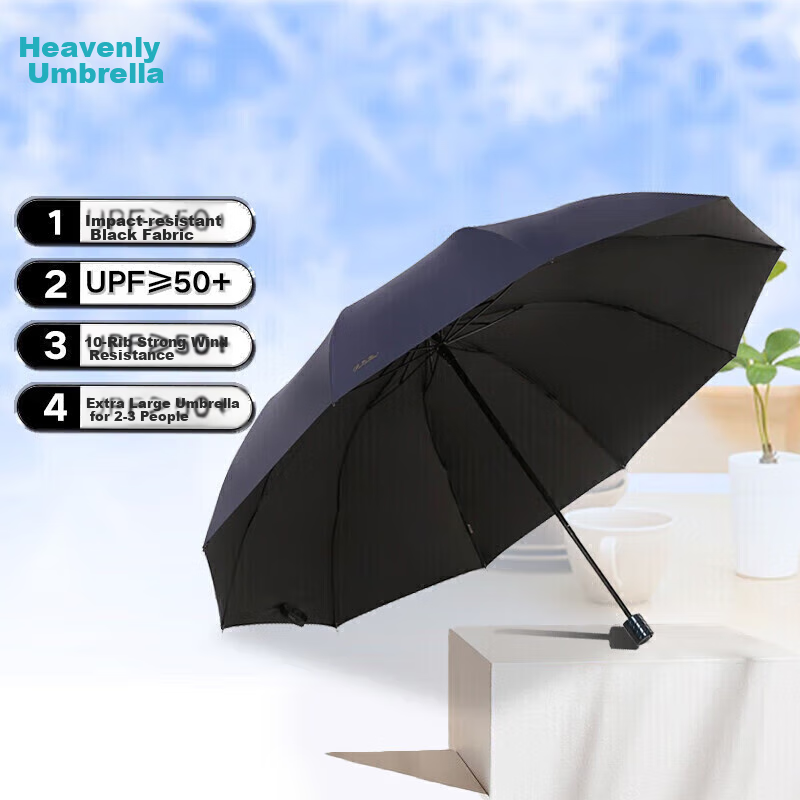 Paradise Double-Person Umbrella, Three-Fold, 10-Rib Extra-Large Reinforced Black...