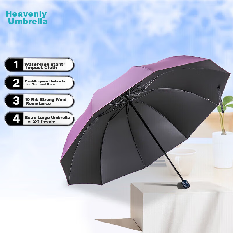 Paradise Double-Person Umbrella, Three-Fold, 10-Rib Extra-Large Reinforced Black...