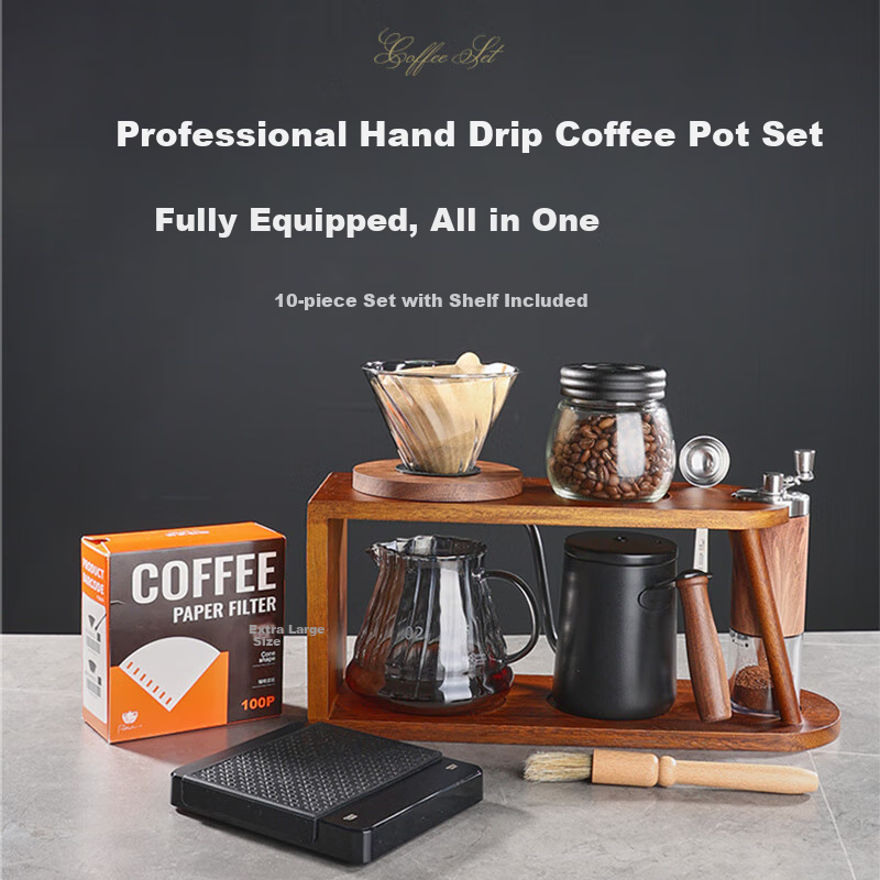 PAKCHOICE Pour-Over Coffee Maker Set with Hand Grinder, Walnut Wood Stand, Home...