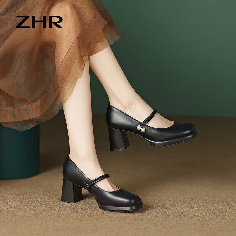 ZHR Mary Jane Shoes Women Spring Autumn Retro French Style Chunky High Heels Sin...