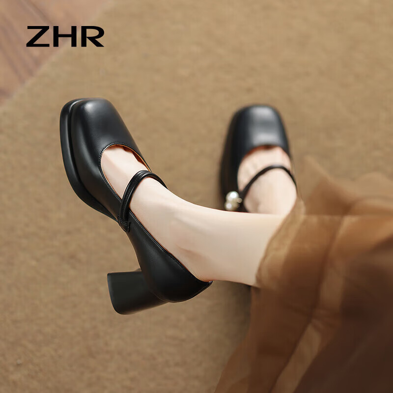 ZHR Mary Jane Shoes Women Spring Autumn Retro French Style Chunky High Heels Sin...
