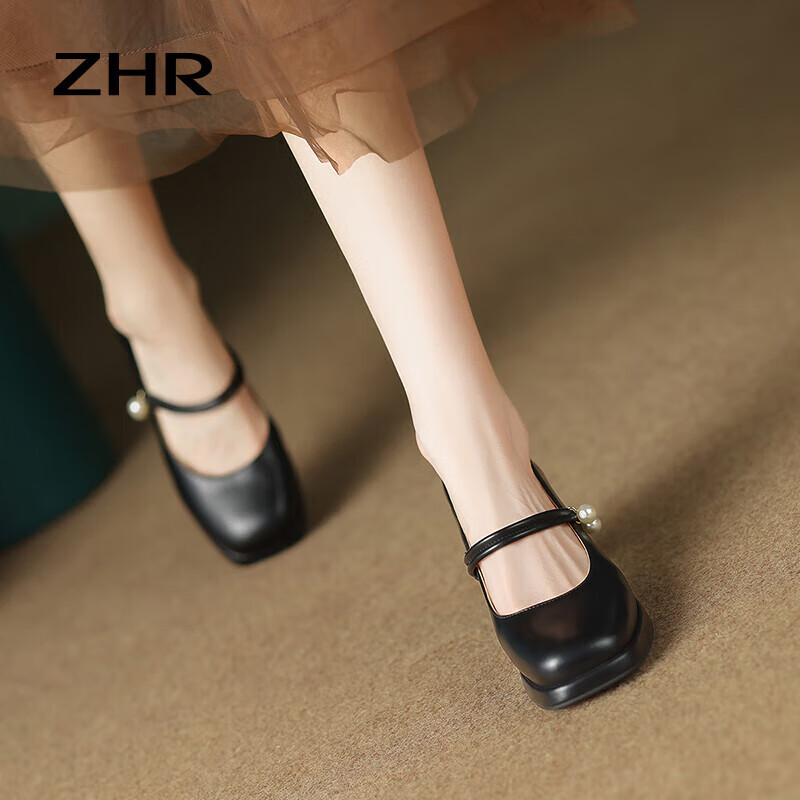 ZHR Mary Jane Shoes Women Spring Autumn Retro French Style Chunky High Heels Sin...