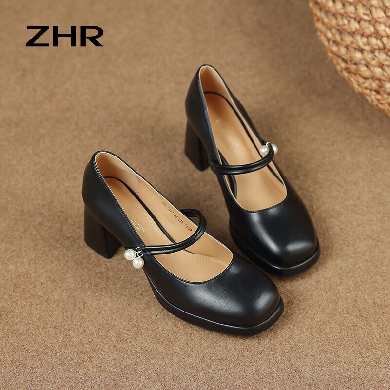 ZHR Mary Jane Shoes Women Spring Autumn Retro French Style Chunky High Heels Sin...