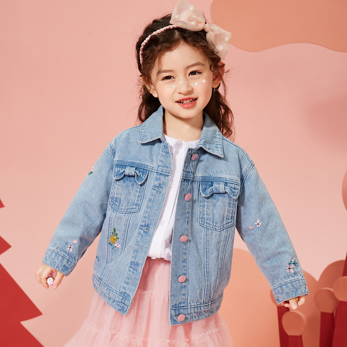ASK JUNIOR Girls' Spring Jacket with Bow Pocket Children's Washed Denim Jacket S...