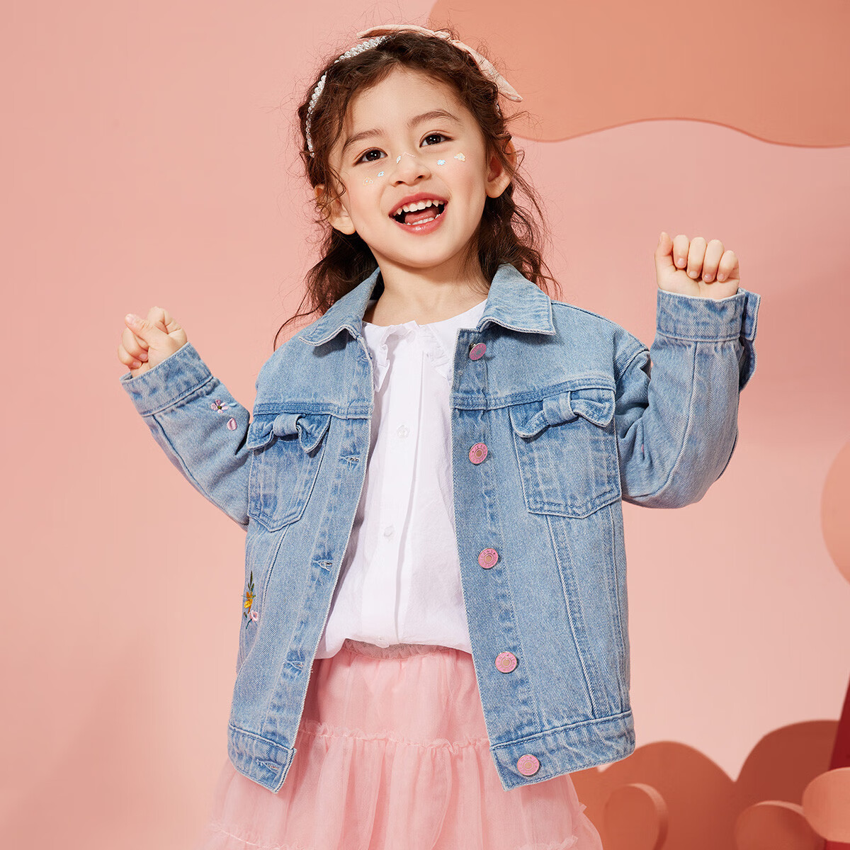ASK JUNIOR Girls' Spring Jacket with Bow Pocket Children's Washed Denim Jacket S...