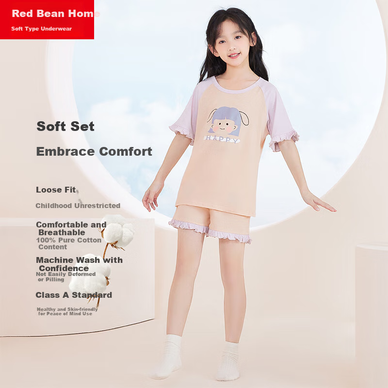 Hodohome Children's Pajamas Girls Summer Pure Cotton Home Wear Short Sleeve Shor...