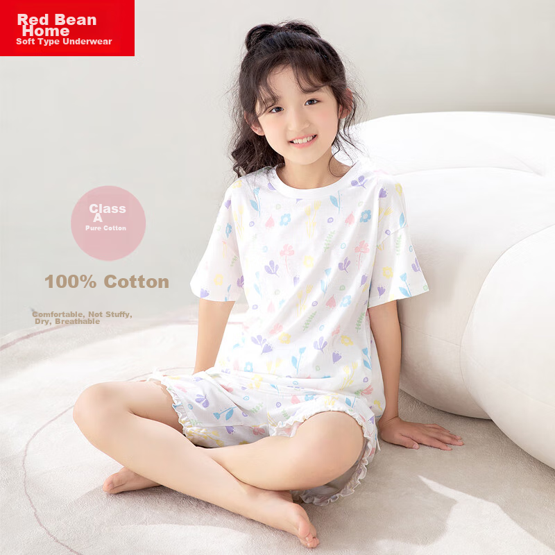 Hodohome Children's Pajamas, Girls' Summer Pure Cotton Pullover Loungewear, Shor...