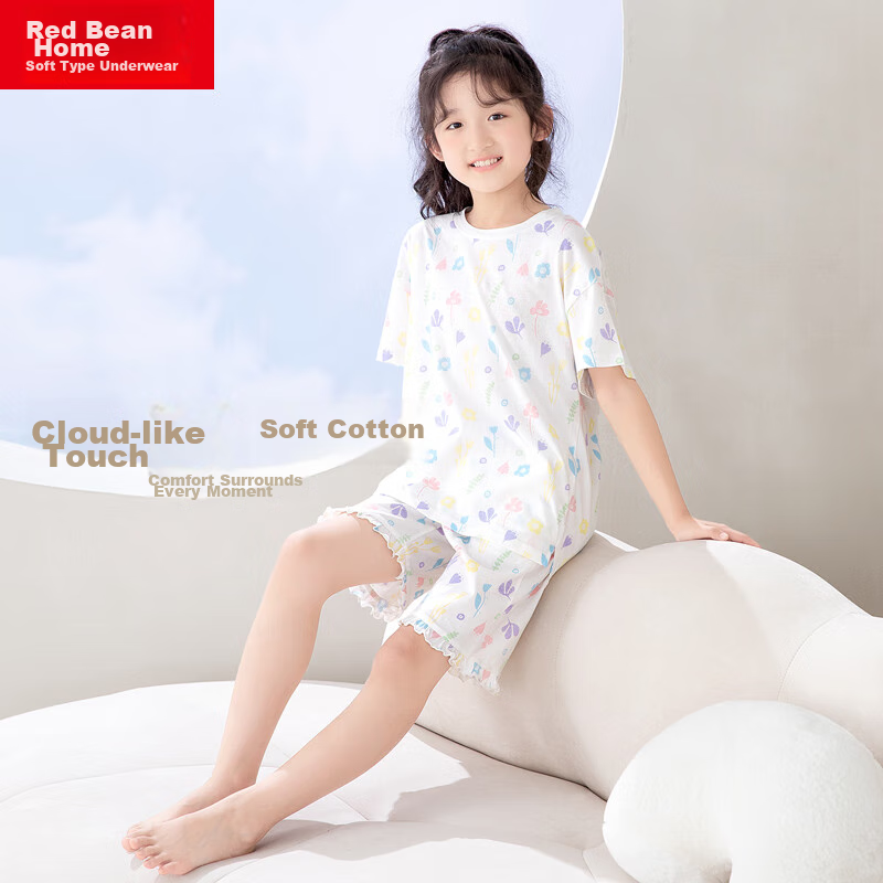 Hodohome Children's Pajamas, Girls' Summer Pure Cotton Pullover Loungewear, Shor...