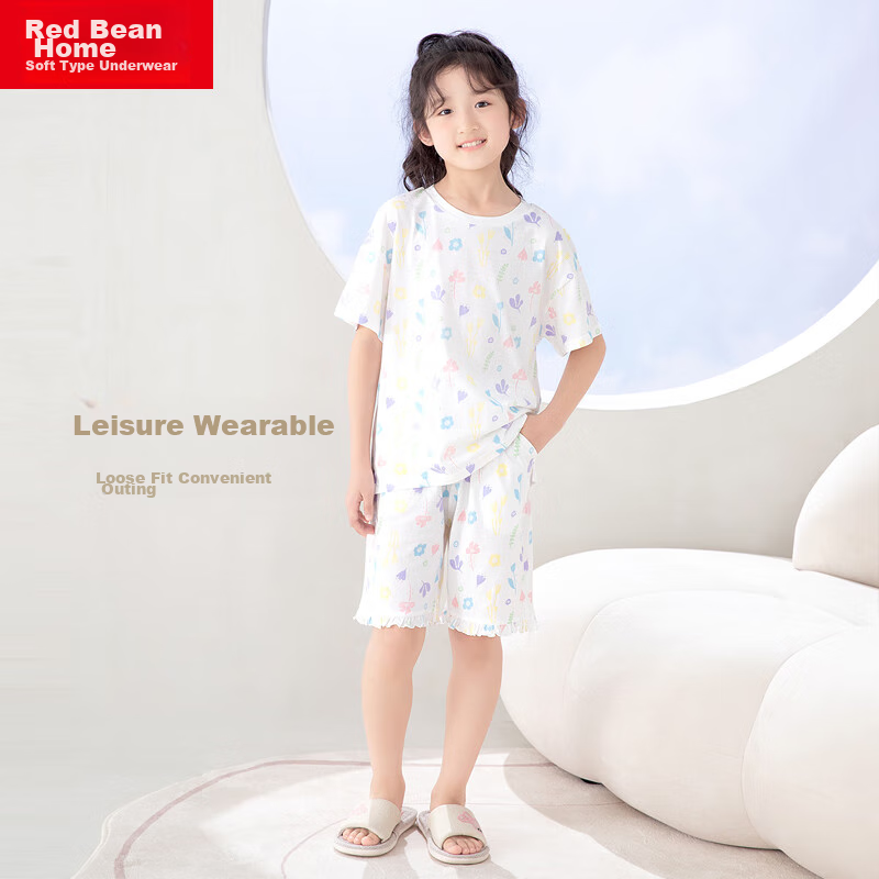 Hodohome Children's Pajamas, Girls' Summer Pure Cotton Pullover Loungewear, Shor...
