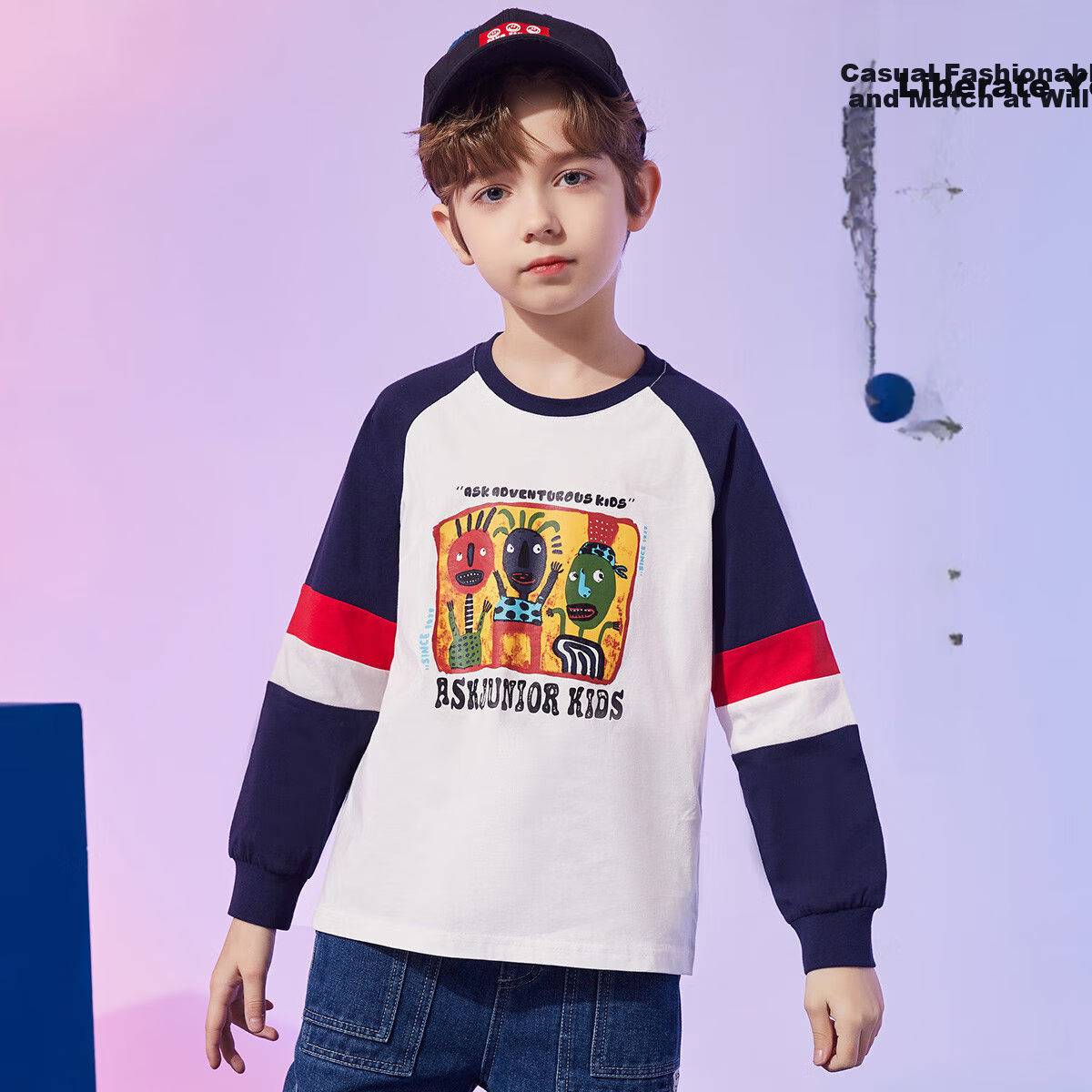 ASK JUNIOR Boys' Long Sleeve T-shirt 2025 Autumn Children's Drop-shoulder Cartoo...