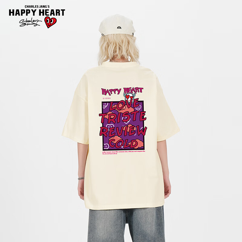 Charles Peach Heart Trendy T-Shirt, Unisex Cute Cartoon Pure Cotton Student Coup...