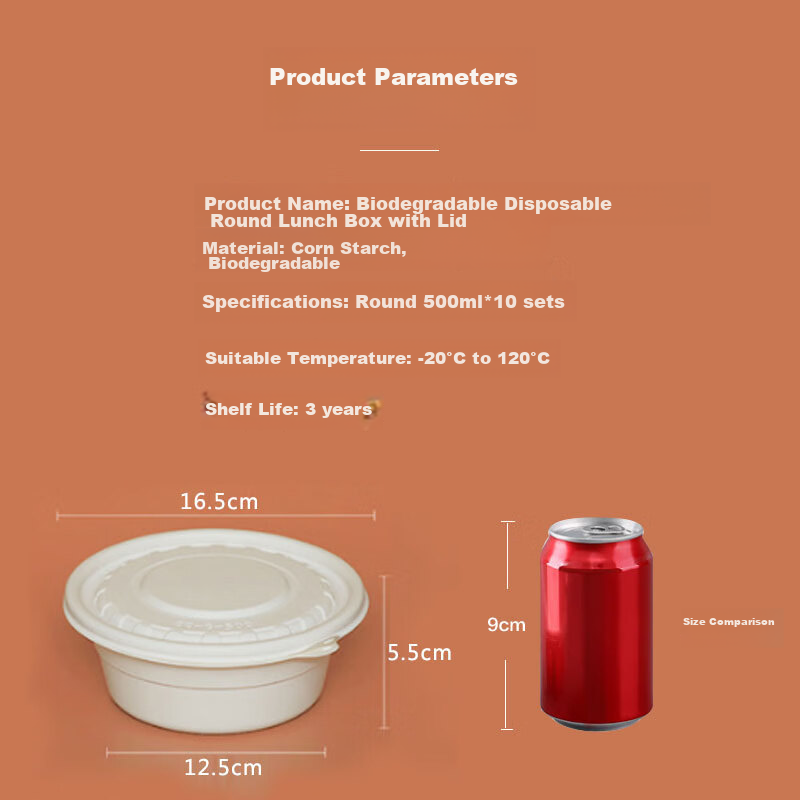 Youjia Liangpin Disposable Biodegradable Round Food Containers, 500ml*10, with L...