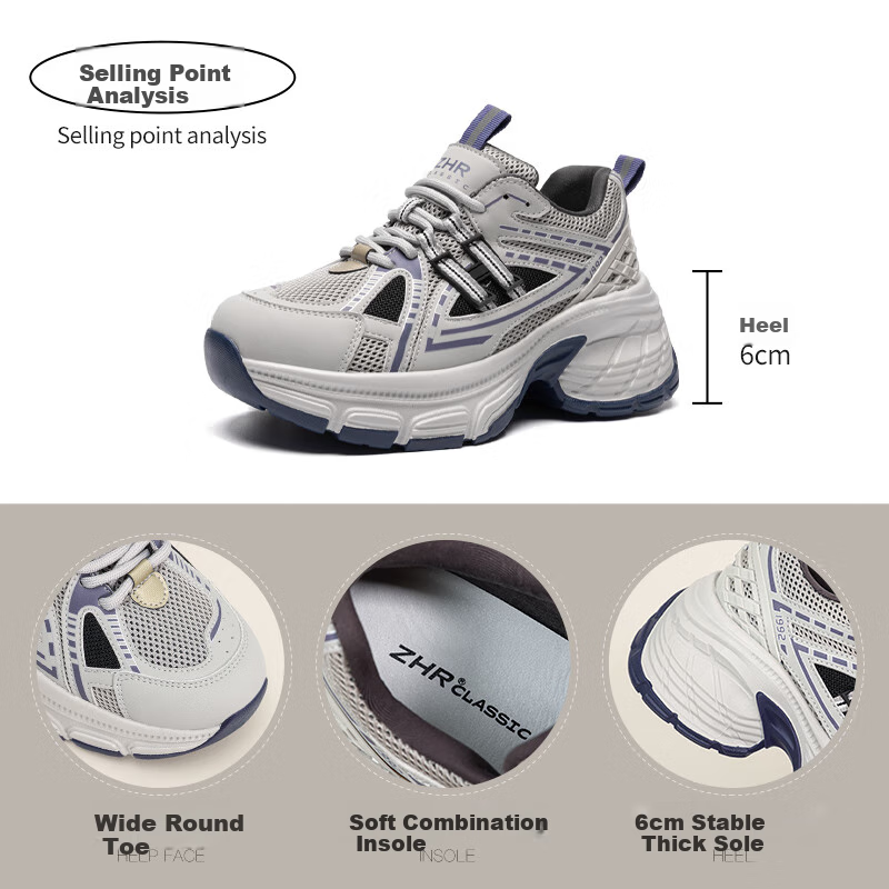 ZHR Dad Shoes for Women, Thick-Soled Height-Increasing Casual Shoes, Retro Versa...