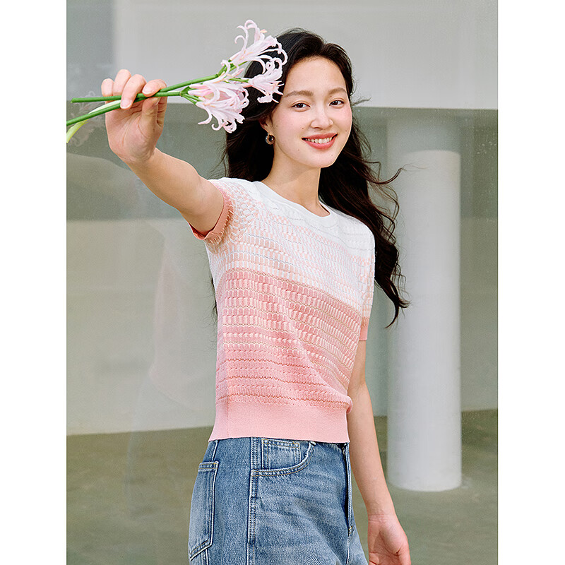 INMAN Tindal Gradient Color Round Neck Knit Short-Sleeve T-Shirt Women's Clothin...