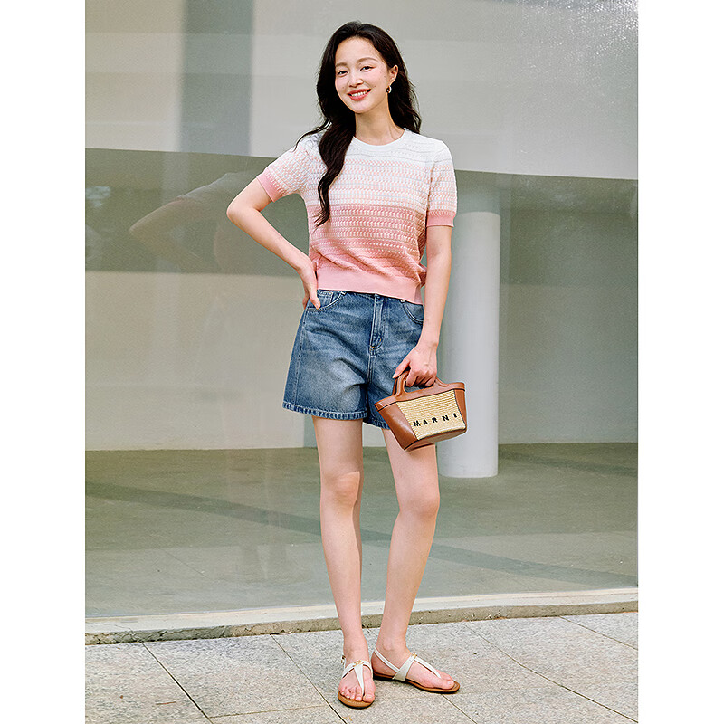 INMAN Tindal Gradient Color Round Neck Knit Short-Sleeve T-Shirt Women's Clothin...