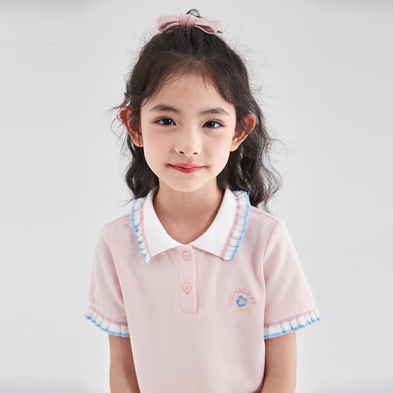 DEESHA Girls' 2023 Summer Embroidered Contrasting Ruffle-Edged Polo Collar Short...