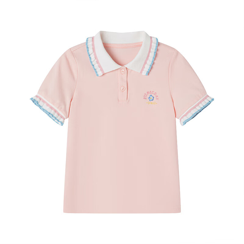 DEESHA Girls' 2023 Summer Embroidered Contrasting Ruffle-Edged Polo Collar Short...