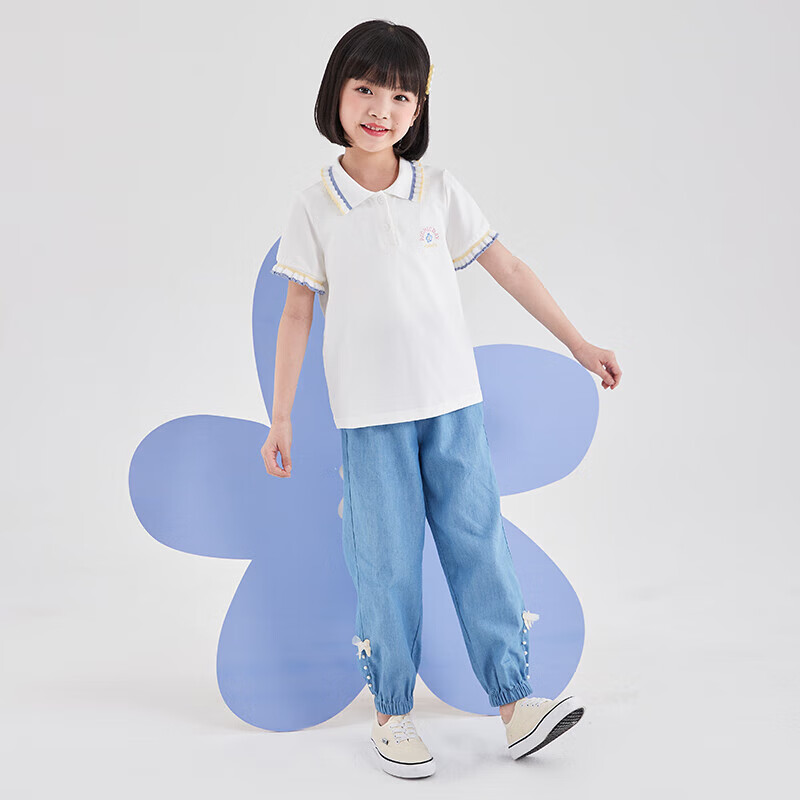 DEESHA Girls' 2023 Summer Embroidered Contrasting Ruffle-Edged Polo Collar Short...