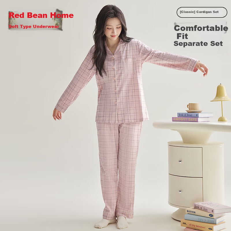 Hodohome Spring New Men and Women Pure Cotton Combed Couple Pajamas Women's Plai...