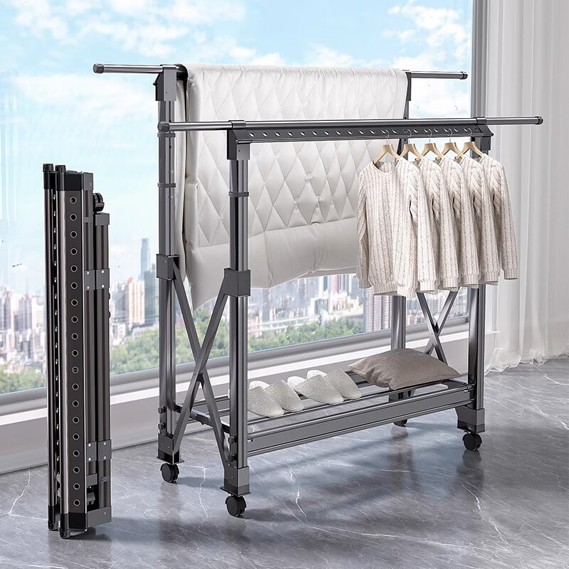 Chuangshuo Floor-standing Folding and Telescopic Balcony Clothes Drying Rack wit...